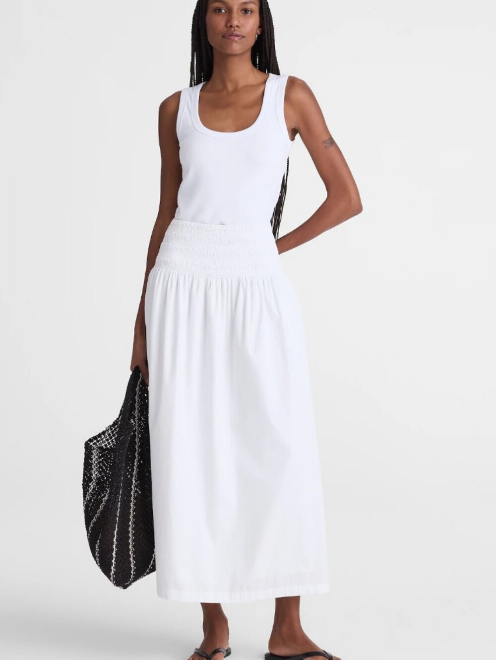 J Crew Smocked-Waist Midi Skirt in Poplin NU637 Size M White Cotton